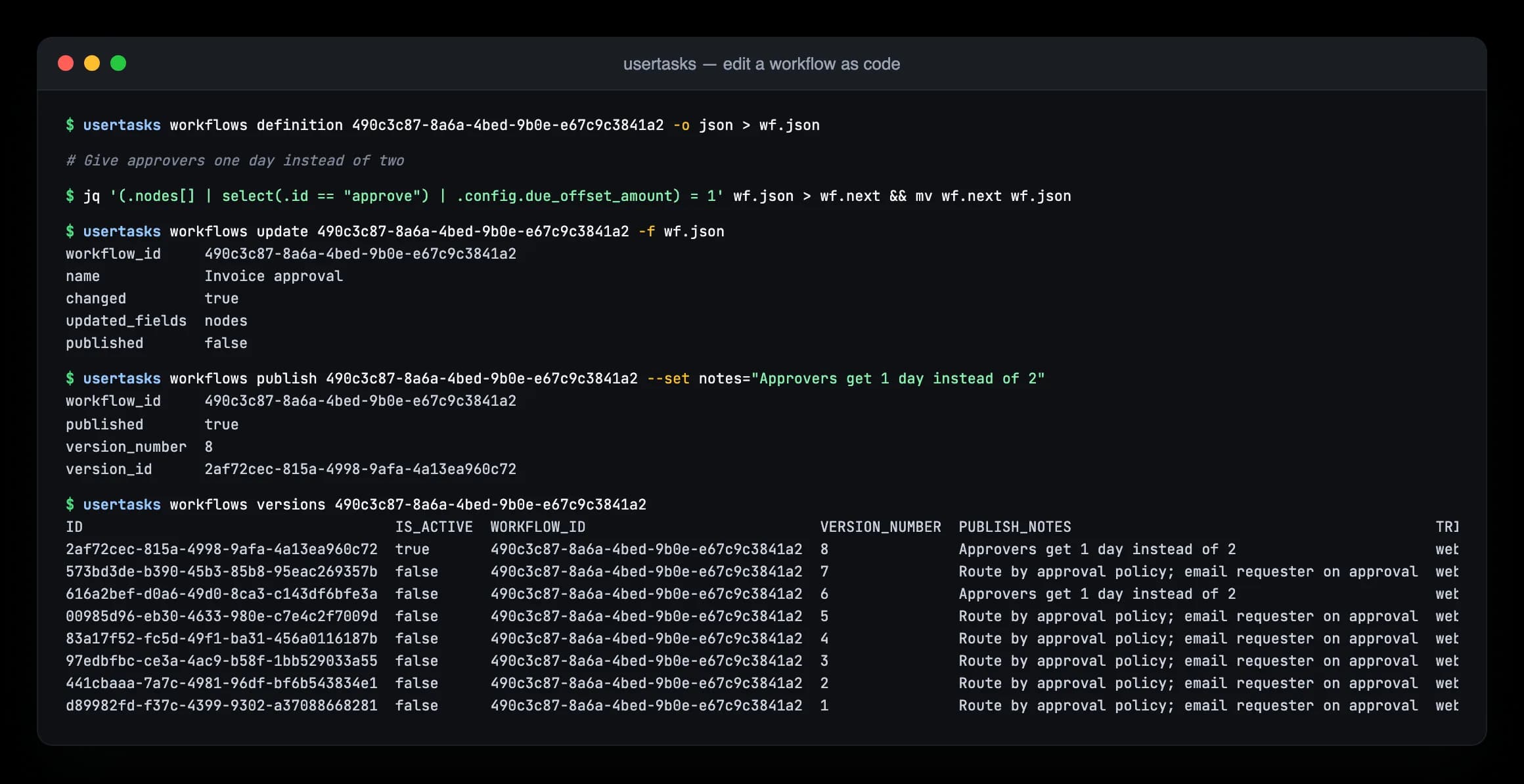 Terminal output of exporting, updating and publishing a workflow with the usertasks CLI
