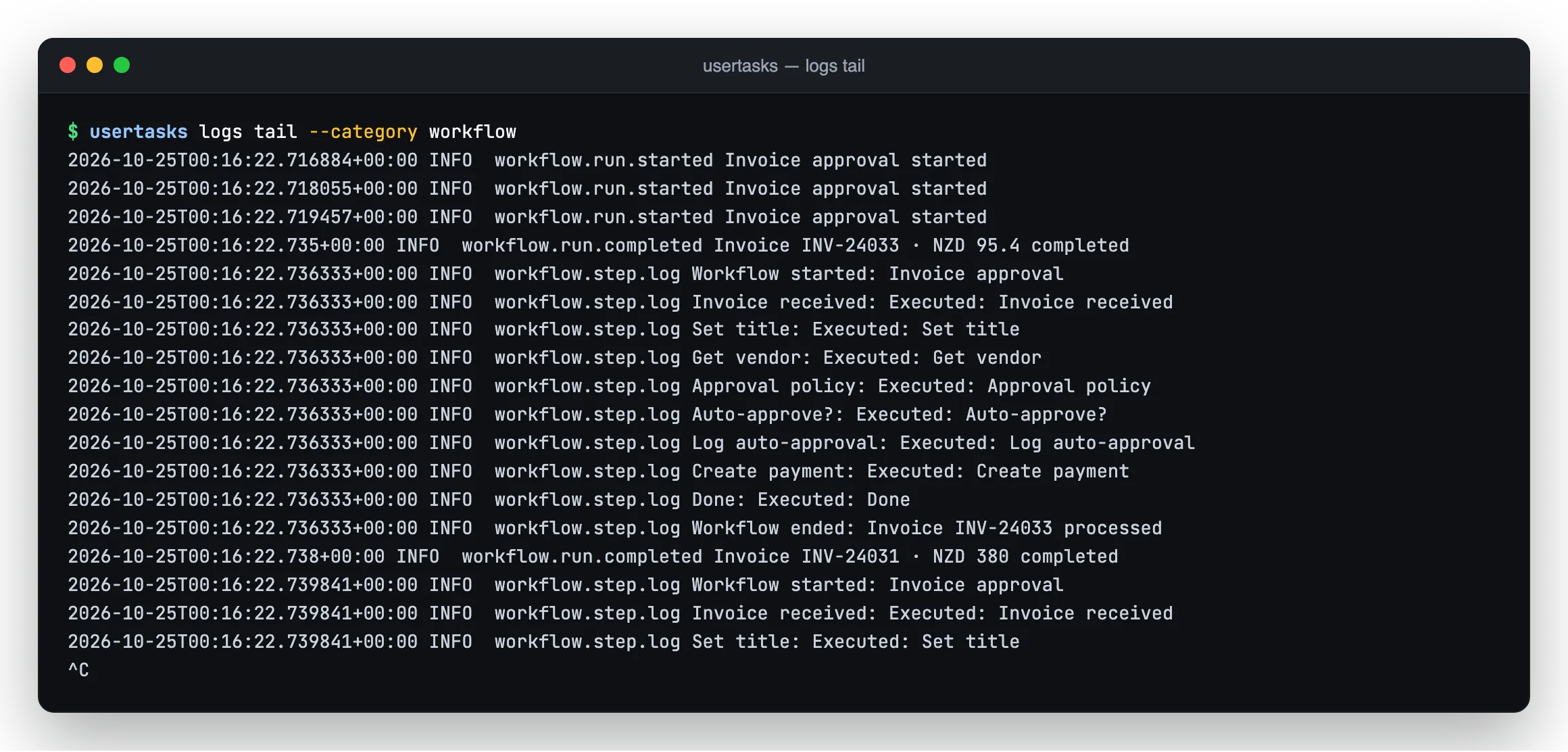 Terminal output of usertasks logs tail streaming live workflow events